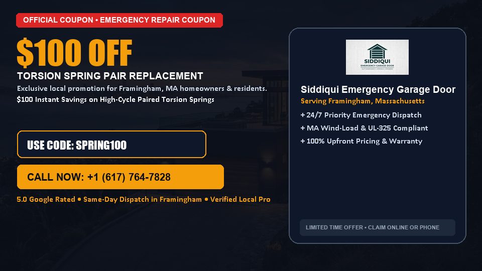 $100 OFF Dual High-Cycle Torsion Spring Replacement in Framingham, MA - Siddiqui Emergency Garage Door
