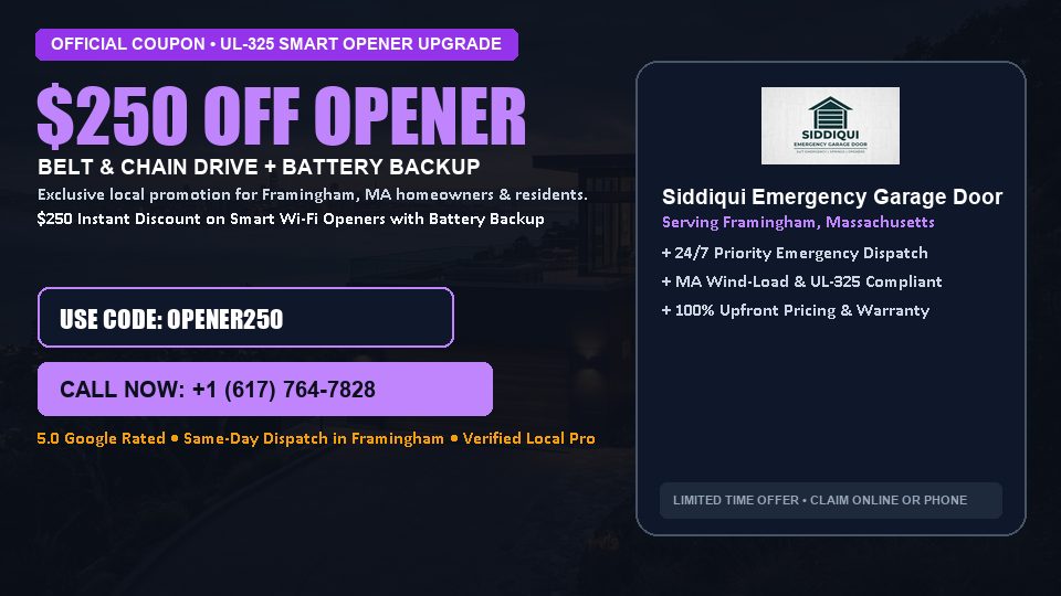 $250 OFF Smart Wi-Fi Garage Door Opener Installation in Framingham, MA - Siddiqui Emergency Garage Door